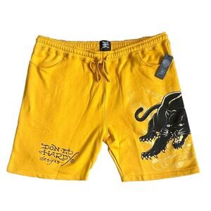 MENS ED HARDY PANTHER GOLD YELLOW DRAWSTRING SWEAT SHORTS SIZE XXL